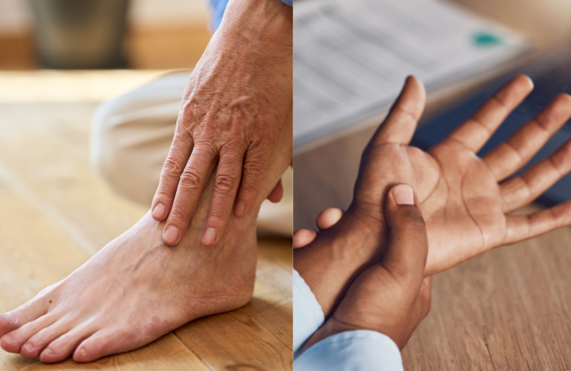 nerve pain treatment concept showing hand and foot with tingling and burning sensation