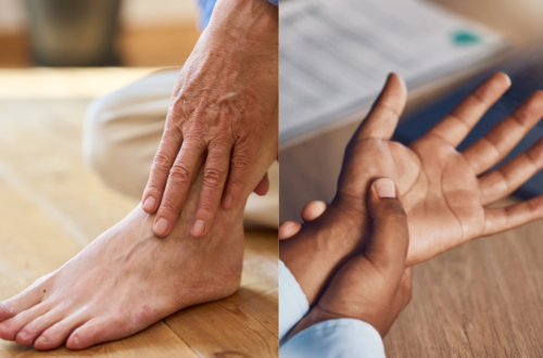 nerve pain treatment concept showing hand and foot with tingling and burning sensation